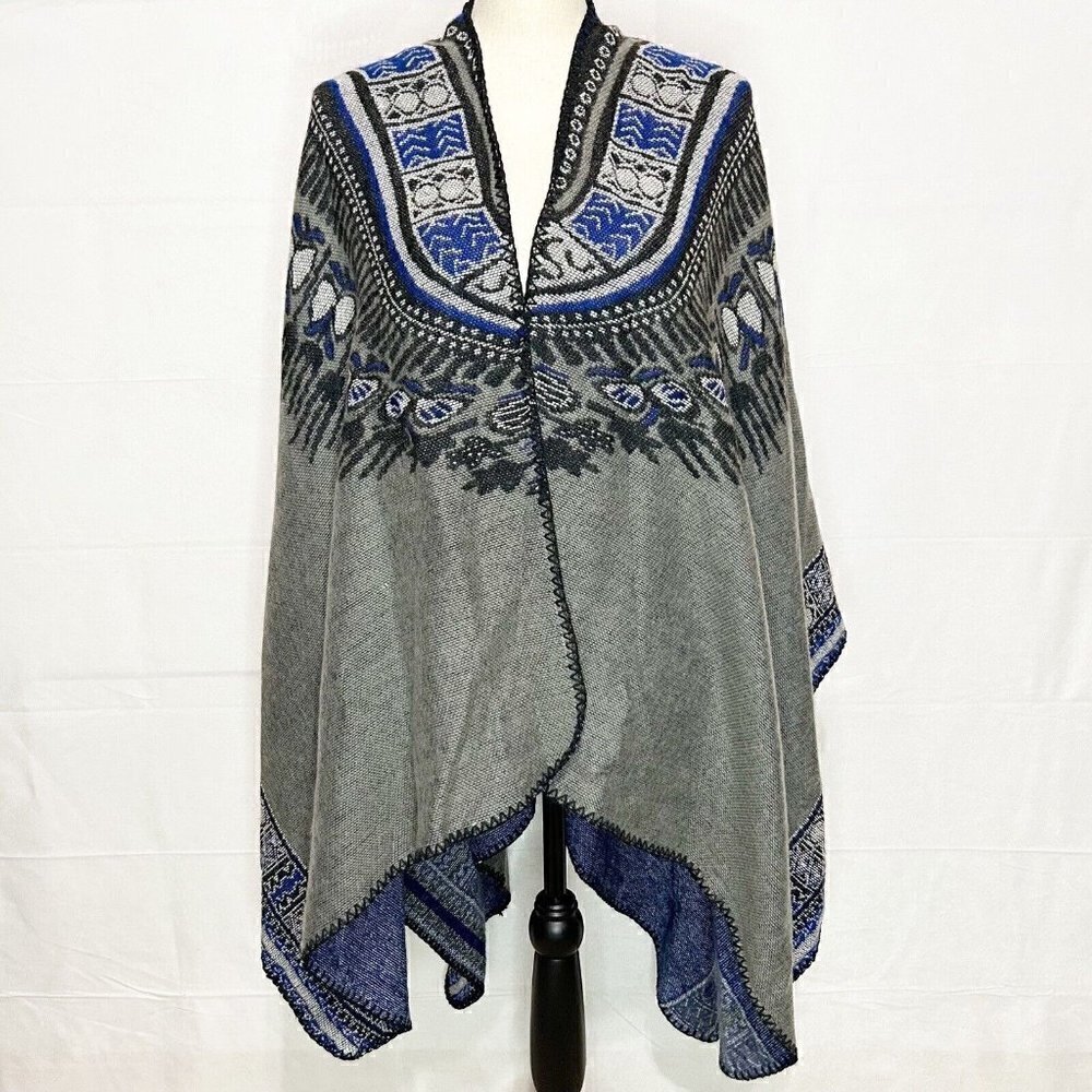 Belle De Jour Paris Gray Blue Black Sweater Poncho One-Size NWOT